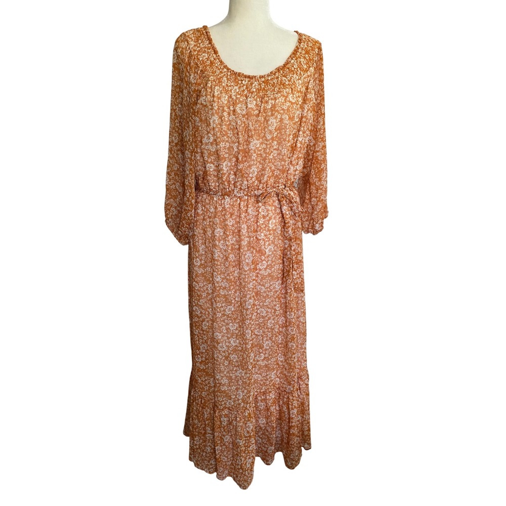 LC Lauren Conrad XL Burnt Orange Floral Smocked Tiered Maxi Dress Boho Rust
